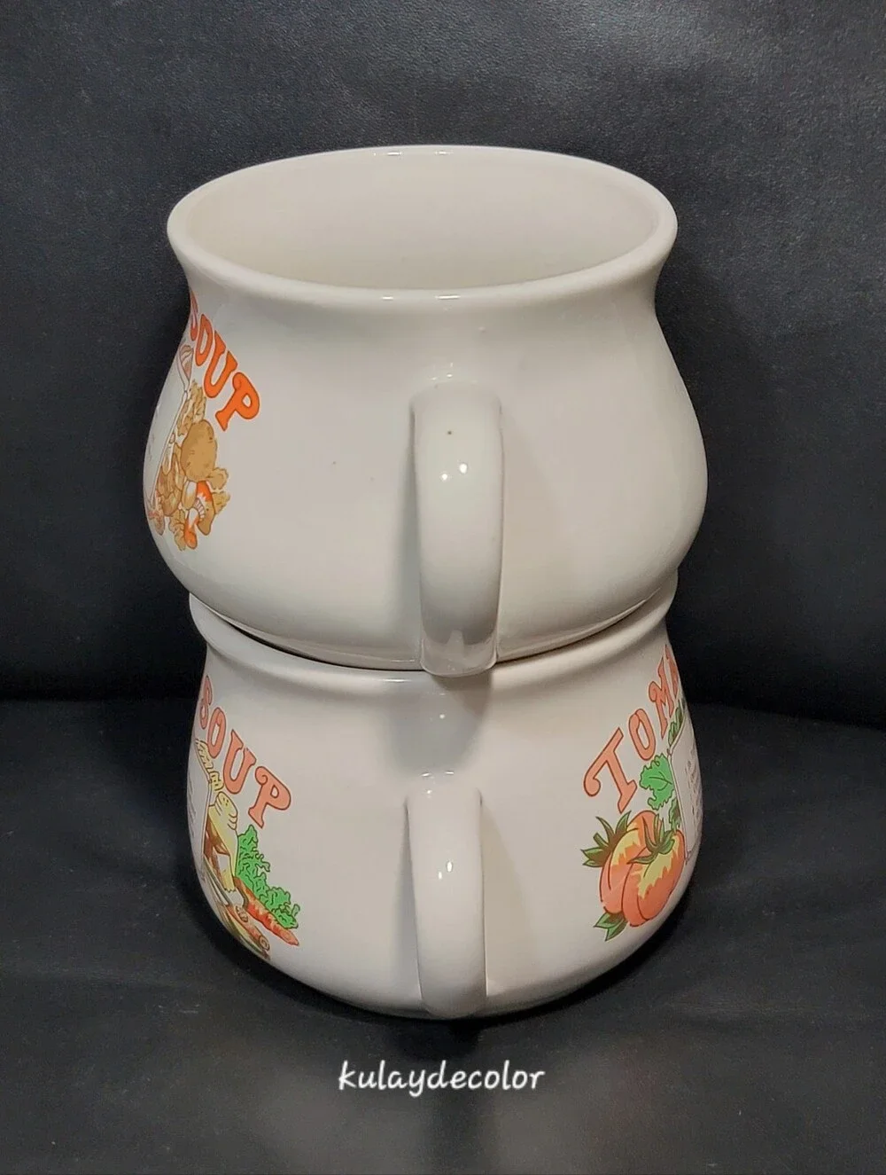 Vintage Chicken & Tomato Recipe Soup Bowls Set of 2 Mugs Retro Kitchen Decor